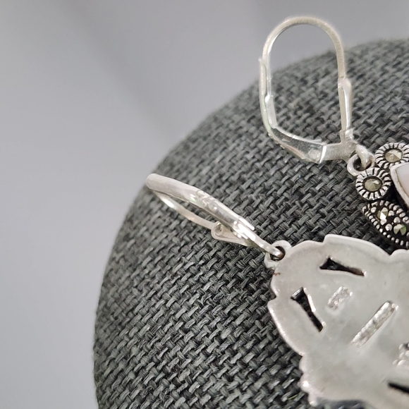 Sterling Silver Mother of Pearl Marcasite Earrings Drop Dangle - Picture 5 of 8
